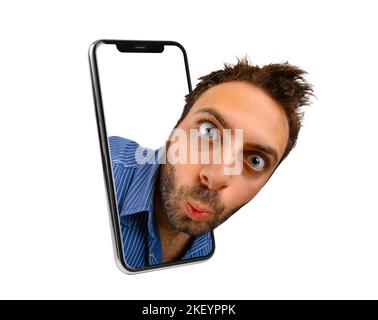 Smartphone screen with WOW man on white background. Stock Photo