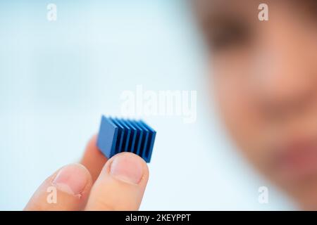 young woman holding a radiator in her hands for cooling semiconductor elements Stock Photo