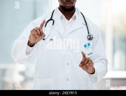 Doctor hands, invisible screen and digital innovation mockup for healthcare, hospital and wellness software design in information technology. Ai Stock Photo