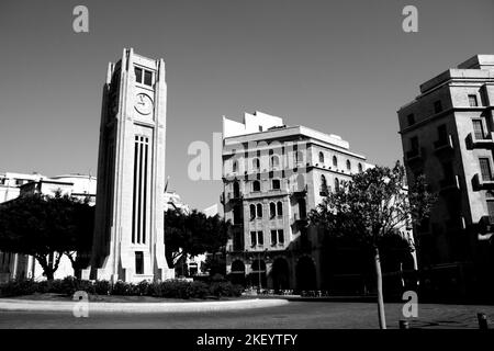 Black and white image of Nejmeh Square, Place de l’Etoile, with the four-faced Rolex Clock Tower, downtown Beirut, Lebanon Stock Photo