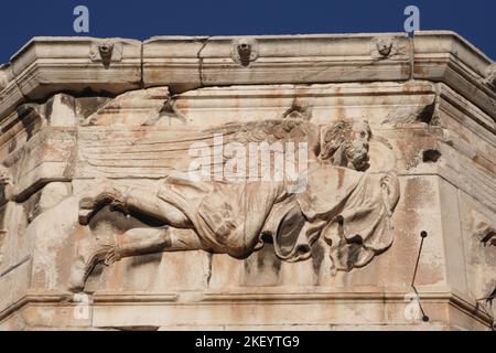 Frieze on the Tower of the Winds, the Horologion of Andronikos Kyrrhestes, in the Roman Agora, Athens, Greece Stock Photo