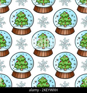 Festive Christmas seamless pattern with snow globe and snowflakes on a white background. Hand drawn doodle background Stock Photo