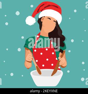 Christmas woman baking cookies. Happy woman in santa hats preparing breakfast for your family for Christmas. Peeple spend time cooking. Vector illustration Stock Vector