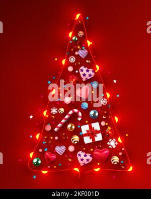 Creative triangle Christmas tree made of garland, shiny balls, confetti, candies and hearts. Merry Christmas and happy new year. Vector illustration Stock Vector