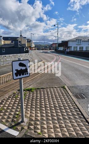 Railway Line crossing Britannia Bridge at Porthmadog, Gwynedd, Snowdonia, Wales Stock Photo