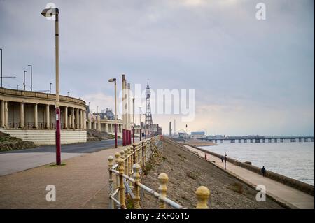 The  neo classical Colonnades on Blackpool seafront built 1923 with north pier and Tower in the background Stock Photo