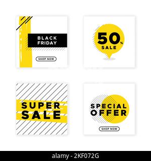 Social media post template for Black Friday. Black, white and yellow. Super sale, special offer. Vector illustration, flat design Stock Vector