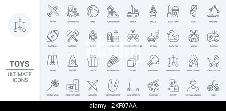 Toys for kids thin line icons set vector illustration. Outline baby stroller and rattle gift, mobile app and desktop computer games, sand castle and ball to play on playground, kite and swing Stock Vector