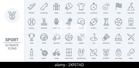 Sport thin line icons set vector illustration. Outline sportswear and equipment for training boxing and skiing, trophy in challenge competition of tennis and basketball, soccer and volleyball Stock Vector