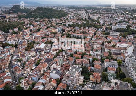 Aerial drone view of Old Town of Plovdiv city, capital of Plovdiv Province in south-central Bulgaria, view with hills called Danov, Youth and Liberato Stock Photo