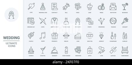 Wedding thin line icons set vector illustration. Outline rings and jewelry gift of love and marriage, cake cocktails and champagne for banquet, envelope with invitation, music and fireworks symbols Stock Vector