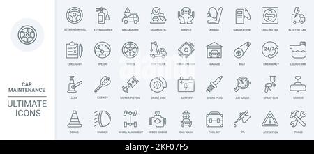 Maintenance and repair car service, auto shop thin line icons set vector illustration. Outline mechanic tools and equipment for automotive diagnostics in garage, tech machine parts and engine Stock Vector