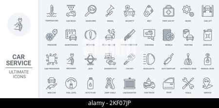 Car service thin line icons set vector illustration. Outline scheduled diagnostics of vehicle and auto repair tools, pictogram of automotive parts, automatic and manual transmission, wheel and tires Stock Vector