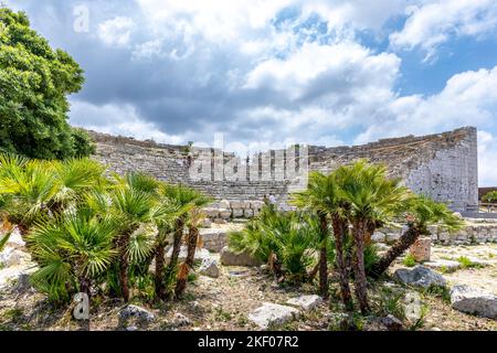 Segesta, Sicily, Italy - July 9, 2020: Ruins of the Greek Theater in Segesta, Sicily, Italy Stock Photo