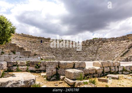 Segesta, Sicily, Italy - July 9, 2020: Ruins of the Greek Theater in Segesta, Sicily, Italy Stock Photo