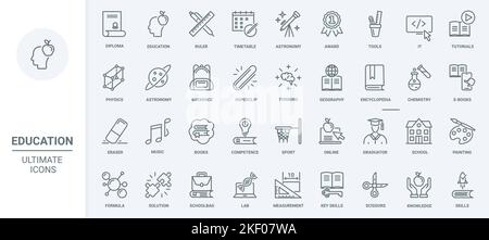 Education thin line icons set vector illustration. Outline school and university technology and stationery for student to study, knowledge from books, encyclopedia and ebook, science and sport symbols Stock Vector