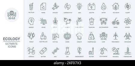 Ecology and green energy thin line icons set vector illustration. Outline eco technology, lab research and ideas symbols collection with sorting and recycle garbage, electric transport and science Stock Vector