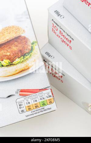 Label on cardboard packet of ASDA supermarket own-label economy beef burgers (mid-2022). For paperboard food packaging, convenience food. Stock Photo