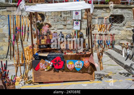 Market stall on Piazza Luca Signorelli in hilltop town of Cortona in Tuscany, Italy Stock Photo