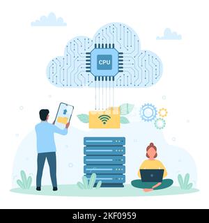 Cloud data storage vector illustration. Cartoon tiny people upload folder with files and documents to database server, download backup for system and organize archives using electronic device Stock Vector