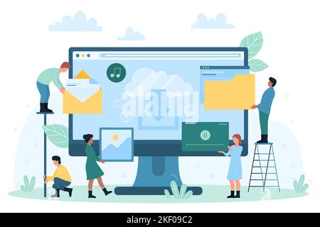 Free download multimedia files and documents vector illustration. Cartoon tiny people upload video and music content from cloud, transfer data information with digital app, use software system Stock Vector