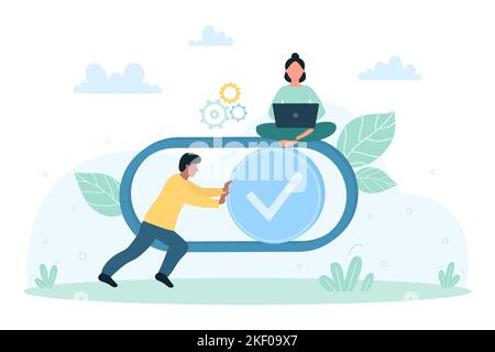 Account profile, customization of user interface menu vector illustration. Cartoon tiny man moving slider to right on button with check mark, people customize, control and edit digital settings Stock Vector