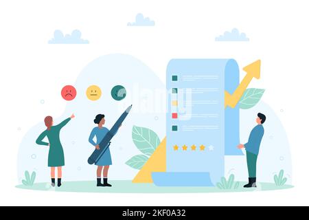 Online survey form, review report list for customers vector illustration. Cartoon tiny people holding pen to fill checklist with feedback, characters vote for services and products with emoticons Stock Vector