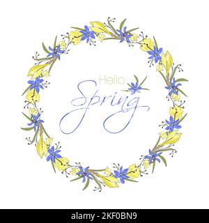 Hello Spring lettering card with wreath hand drawn doodle yellow and purple flowers. Vector illustration Stock Vector