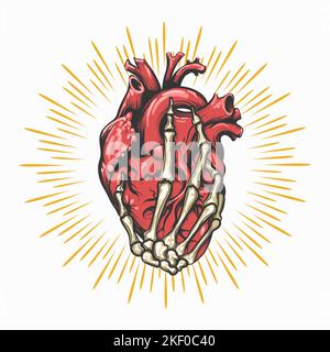 Skeleton Hand Holds Heart Tattoo. Vector Illustration isolated on white Background. Stock Vector