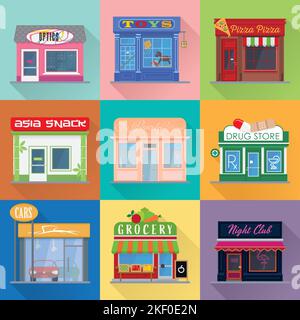 Set of 9 flat design long shadow shops, stores and venues facades. Cute storefronts and colorful buildings like restaurants, dealerships. Stock Vector