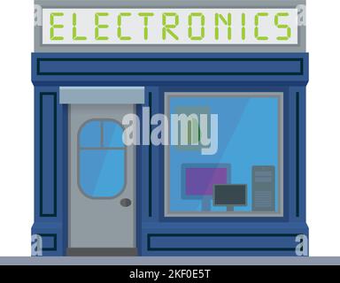 Flat design isolated electronics store. Cute computer shop building vector illustration Stock Vector