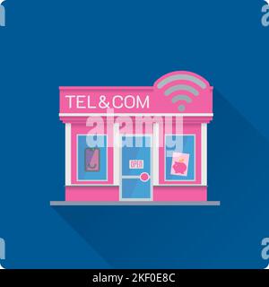 Flat design long shadow telephone and communications equipment store building vector illustration. Telco shop storefront Stock Vector