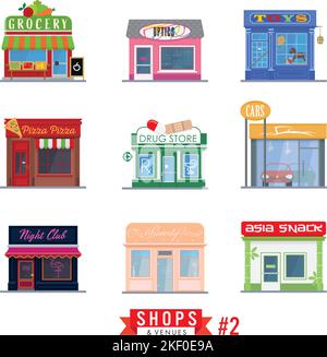 Set of 9 flat design isolated shops, stores, and venues buildings. Storefronts and colorful facades of restaurants, dealerships and other facilities. Stock Vector