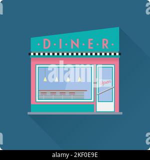 Flat design long shadow diner building vector illustration, facade with vibrant signs. Stock Vector