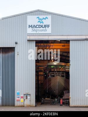 15 November 2022. Buckie, Moray, Scotland. This is Macduff Shipyards premises in Buckie with a new Fishing Boat being constructed within. Stock Photo