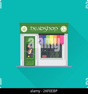 Flat design long shadow headshop building vector illustration. Store facade with rainbow colored awning Stock Vector