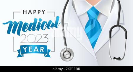 Happy Medical year 2023 with uniform background. Healthcare creative flyer design concept for medicine, or treatment of illness. Vector illustration Stock Vector