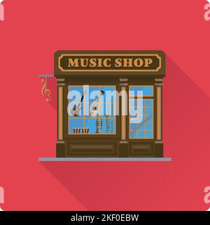 Flat design long shadow music shop building vector illustration, store facade with musical intrument in the window. Stock Vector