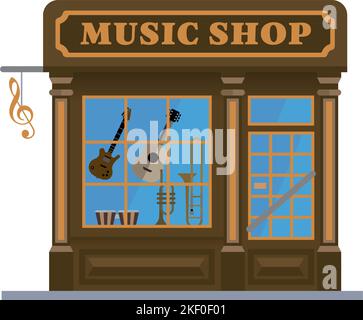 Flat design isolated music shop. Cute musical instruments store building vector illustration Stock Vector