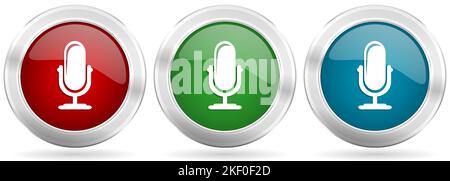 Microphone vector icon set. Red, blue and green silver metallic web buttons with chrome border Stock Vector