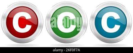 Copyright vector icon set. Red, blue and green silver metallic web buttons with chrome border Stock Vector