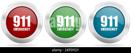 Number emergency 911 vector icon set. Red, blue and green silver metallic web buttons with chrome border Stock Vector