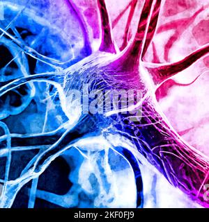 Synaptic transmission is the process by which one neuron communicates with another. Information, axon and electrical impulse. Connection, neuron Stock Photo