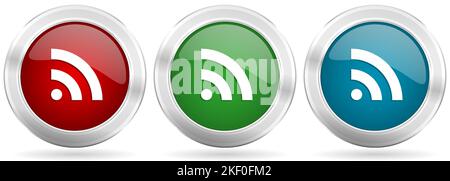 Mobile signal vector icon set. Red, blue and green silver metallic web buttons with chrome border Stock Vector