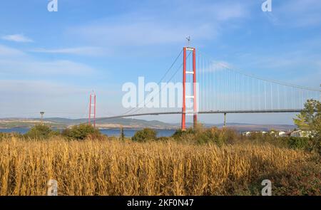 The Canakkale 1915 Bridge in Canakkale, Turkey. One of the longest bridges in the world. Built over the Dardanelles Strait Stock Photo