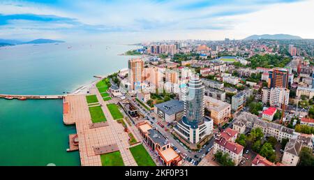 Novorossiysk city centre aerial panoramic view. Novorossiysk is the main port on the Black Sea in Krasnodar Krai, Russia. Stock Photo