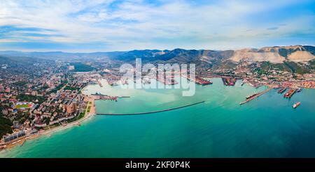 Novorossiysk city centre aerial panoramic view. Novorossiysk is the main port on the Black Sea in Krasnodar Krai, Russia. Stock Photo