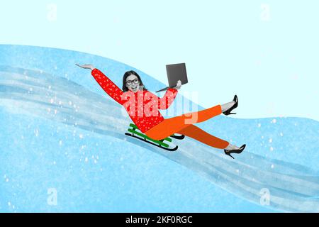 Creative photo collage illustration of funny funky positive cheerful girl ride on sled hold laptop isolated on blue color background Stock Photo