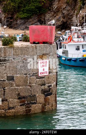 A sign saying the speed limit is 4 knots in Newquay Harbour, Cornwall, UK. Stock Photo