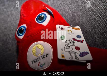 This photograph shows a plush toy representing the mascot of the Paris 2024 Olympic Games 'Les Phryges' on November 15, 2022 in Paris, France - Photo Matthieu Mirville / DPPI Stock Photo